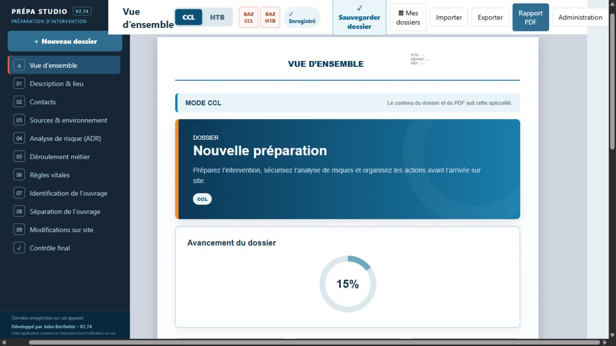 Prépa Studio — Vue d’ensemble d’un dossier de préparation. Capture réelle sur dossier vierge, sans logos EDF et ULM.