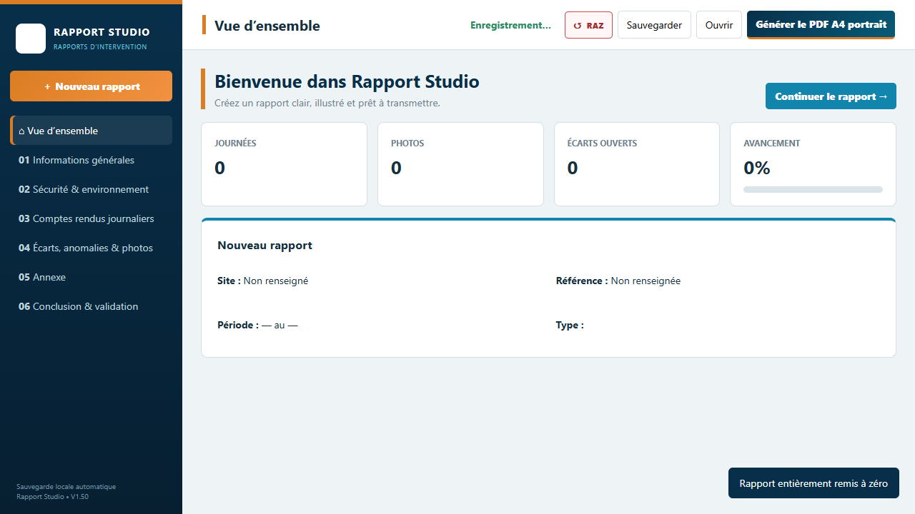 Rapport Studio — Organisation d’un rapport : journées, photos, écarts et annexes. Capture réelle sur dossier vierge, sans logos EDF et ULM.