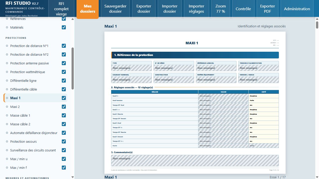 RFI Studio — Exemple de fiche pour une protection à maximum de courant. Capture réelle sur dossier vierge, sans logos EDF et ULM.